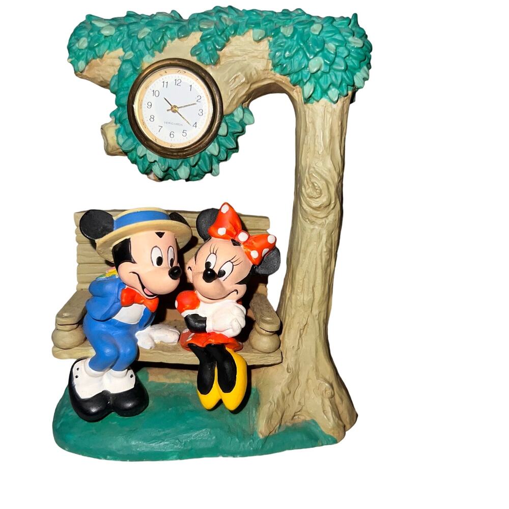 VINTAGE DISNEY -MICKEY AND MINNIE MOUSE - SITTING ON BENCH UNDER TREE WITH CLOCK